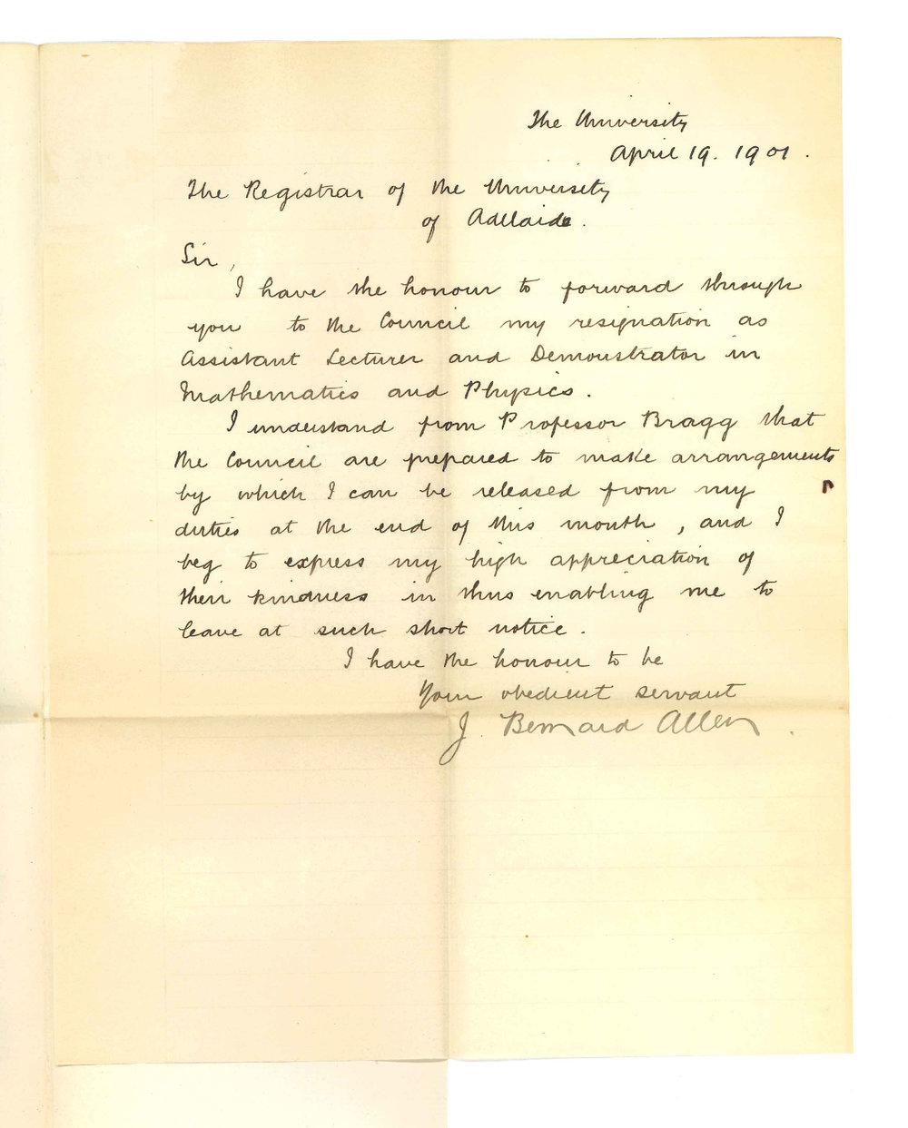 J Bernard Allen - The University - Resigning position as Assistant Lecturer and Demonstrator in Mathematics and Physics