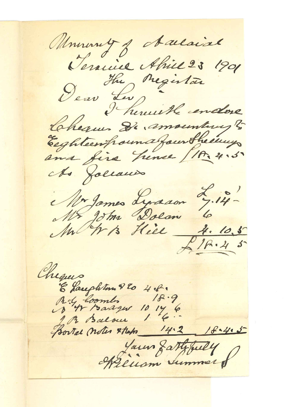 William Summers - Terowie - Forwarding rents from Terowie Tenants