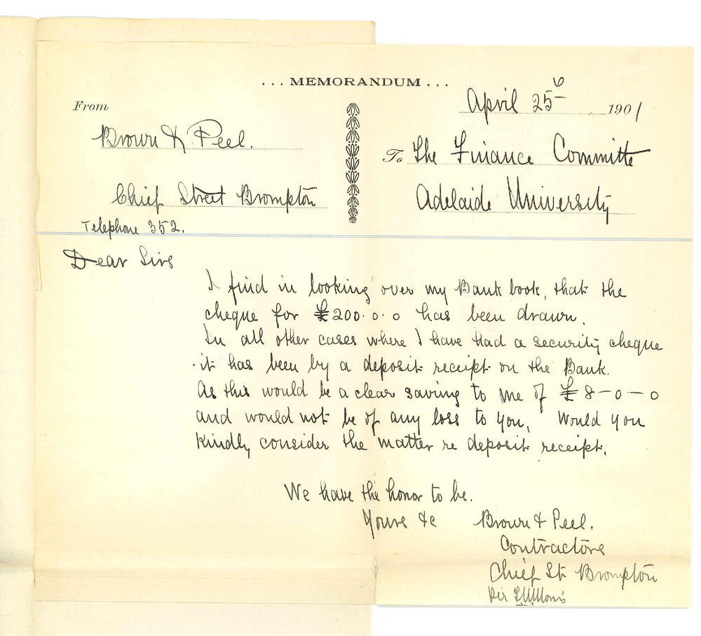 Brown and Peel - Brompton - Asks that deposit receipt instead of cheque be accepted as security
