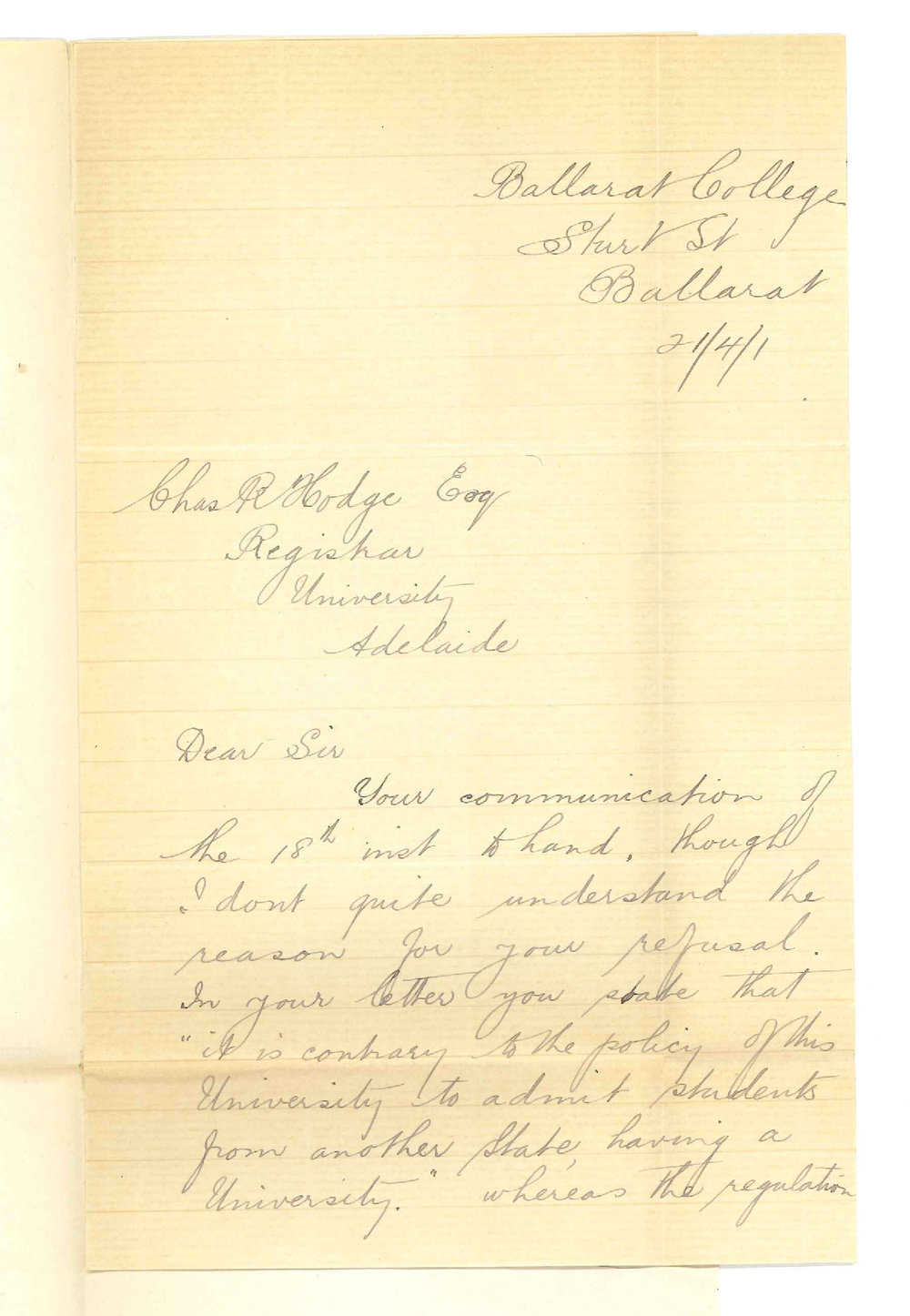 E R Johnson - Ballarat - Concerning application for admission ad eundem statum