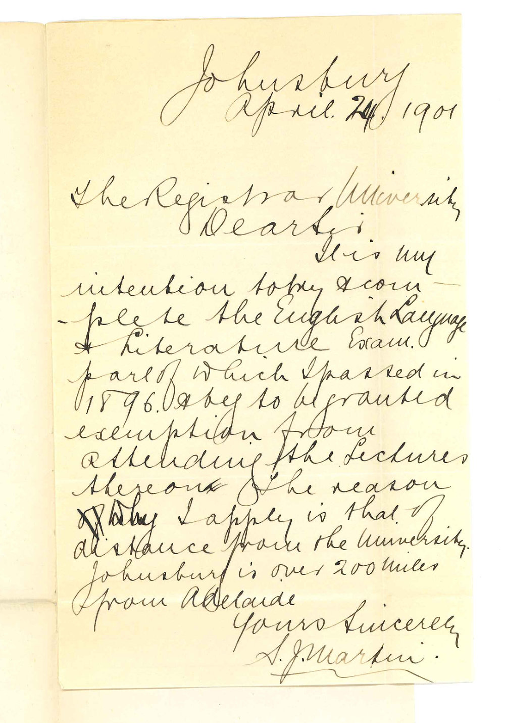 Reverend Stephen John Martin - Johnsburg - Exemption from attendance at Lectures
