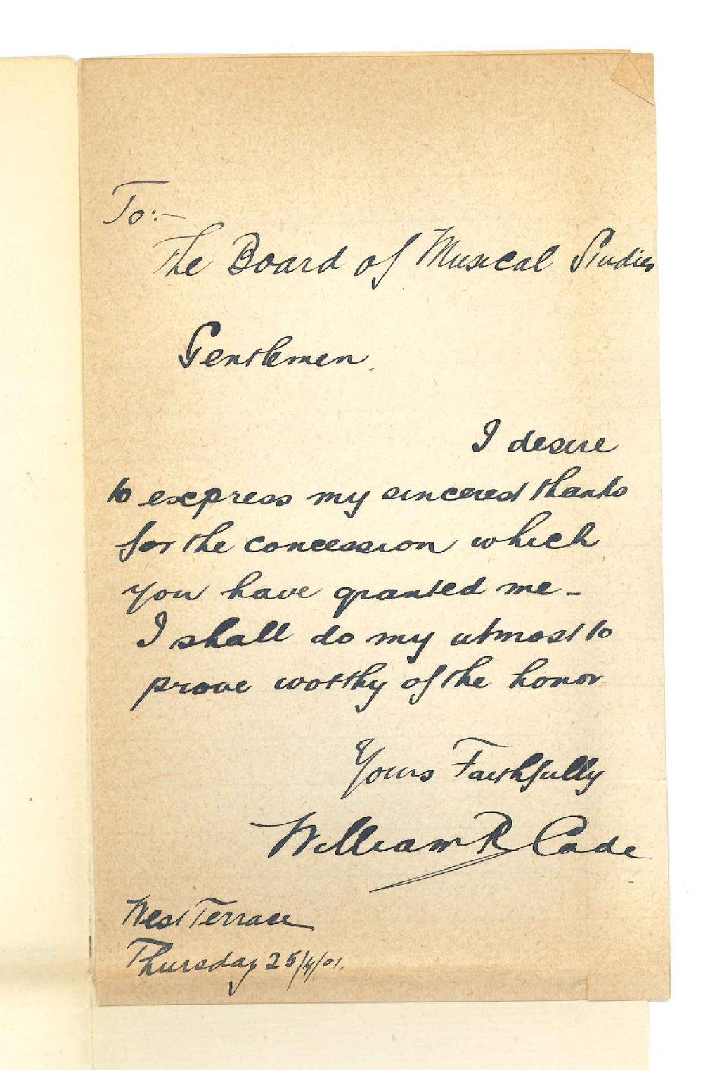 William R Cade - Adelaide - Thanks for remission of fees