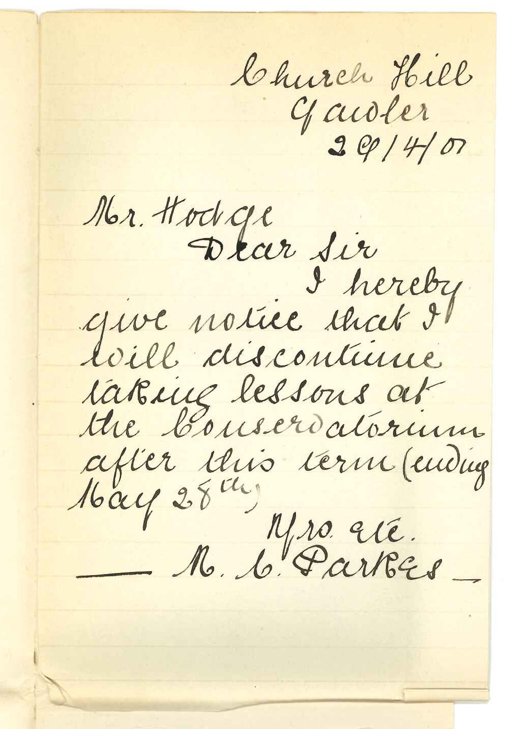 Miss Marian Cecelia Parkes - Gawler - Discontinuing lessons at the Conservatorium