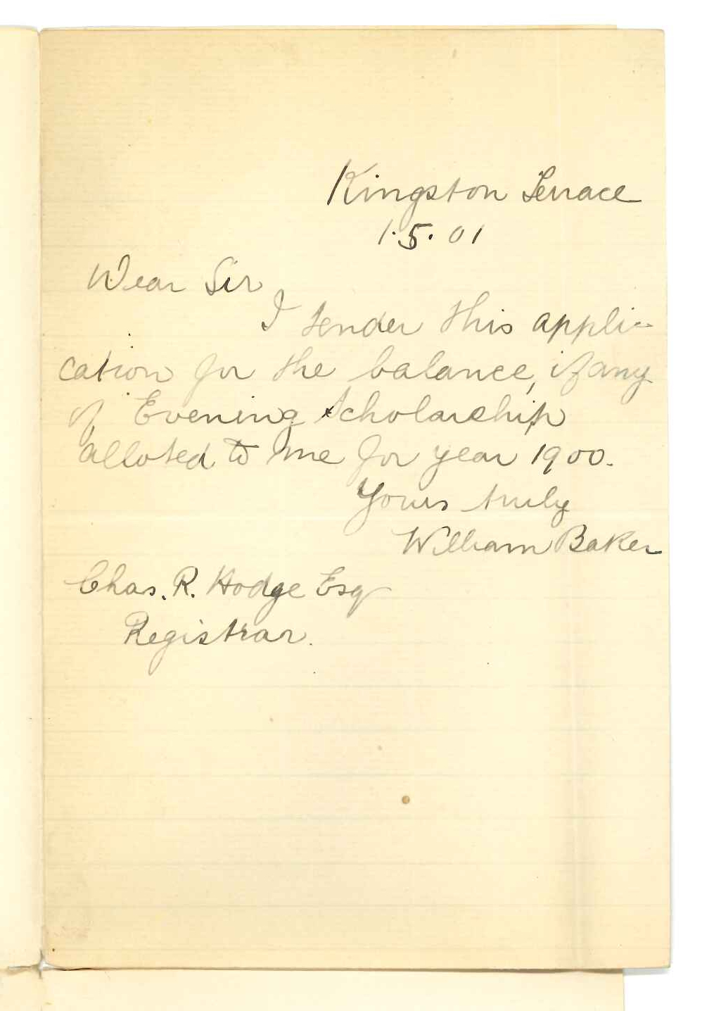 William Baker - North Adelaide - Requesting surplus of Evening Scholarship