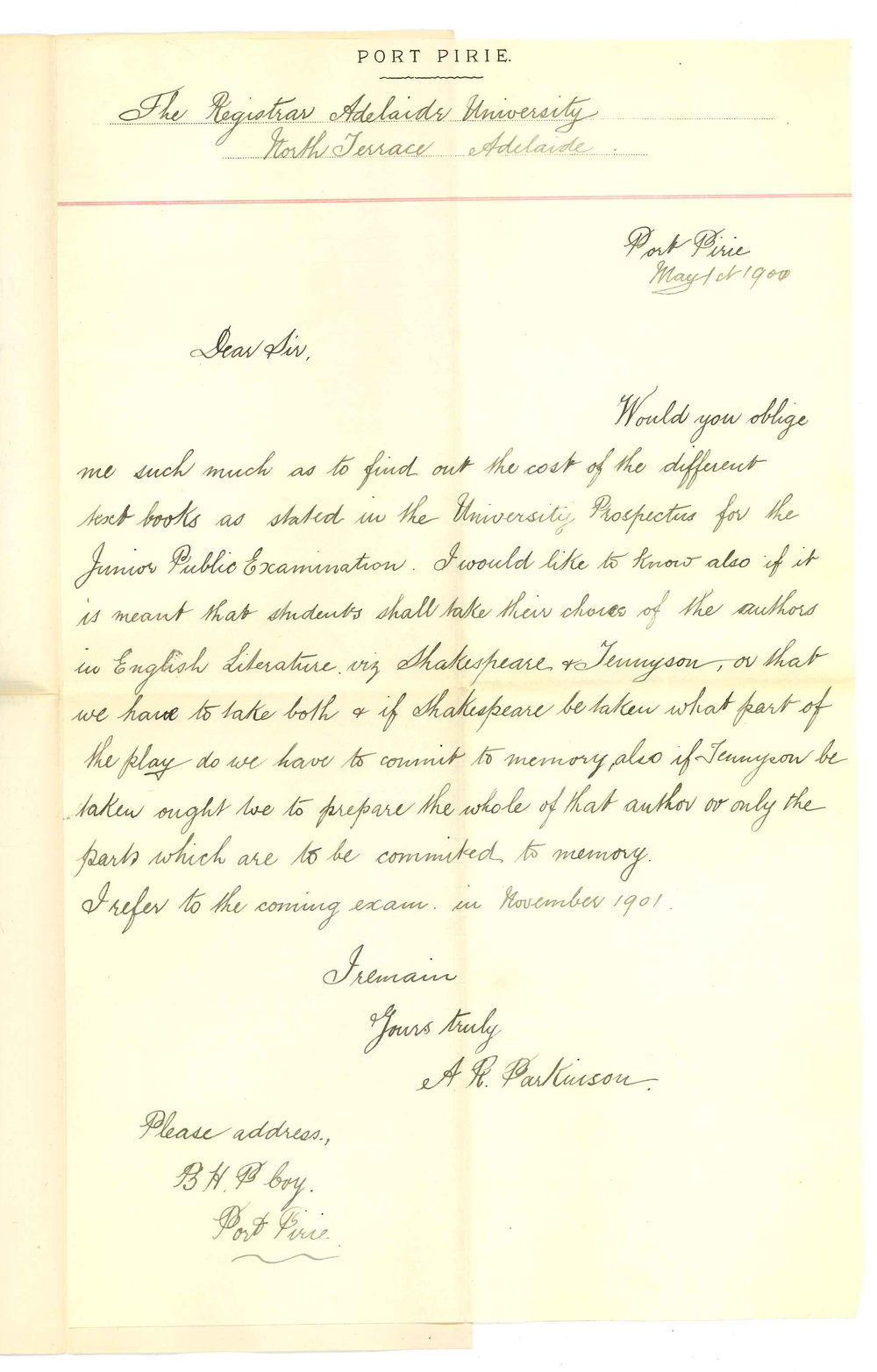 A R Parkinson - Port Pirie - Information re Junior Public Examination