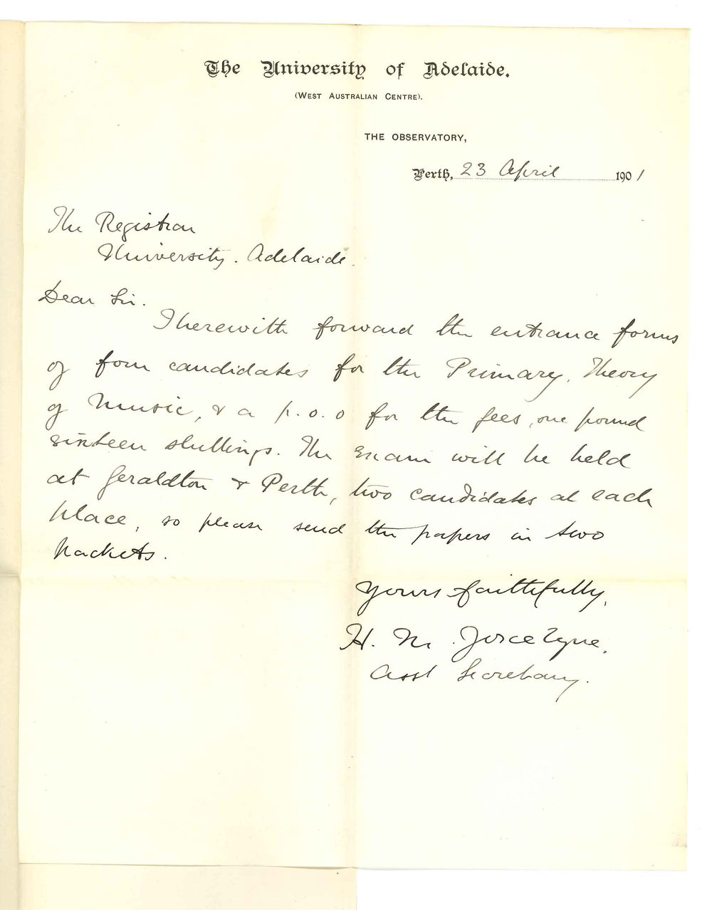 Henry Maurice Joscelyne - Perth - Forwarding entries for Primary Theory of Music Examination