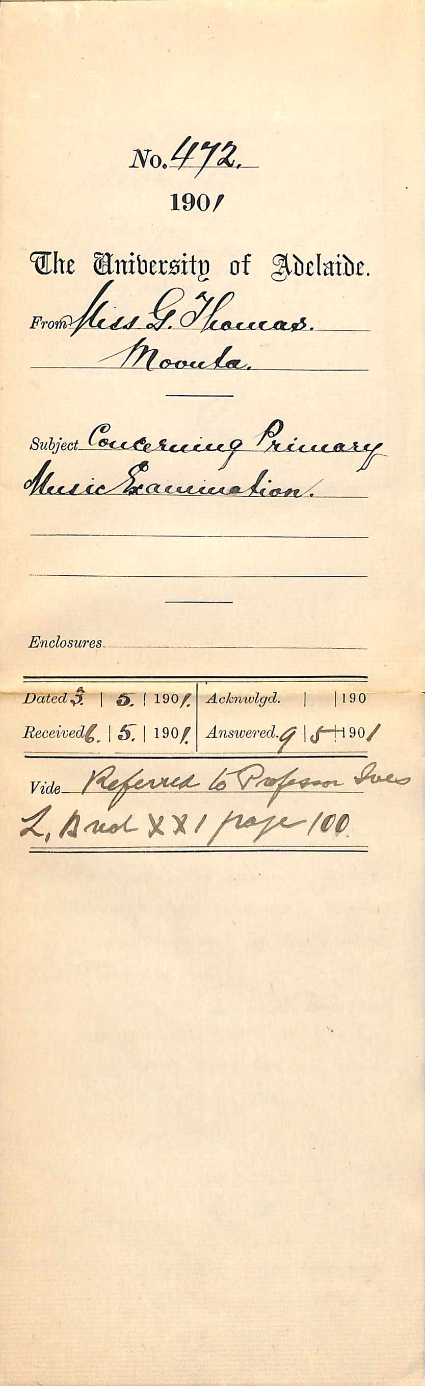 Miss G Thomas - Moonta - Concerning Primary Music Examination