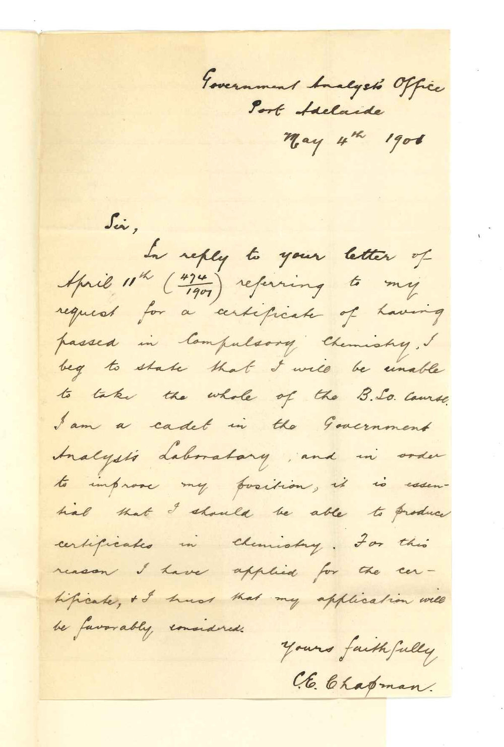 C E Chapman - Port Adelaide - Concerning request for Certificate for passing in Compulsory Chemistry of BSc Course