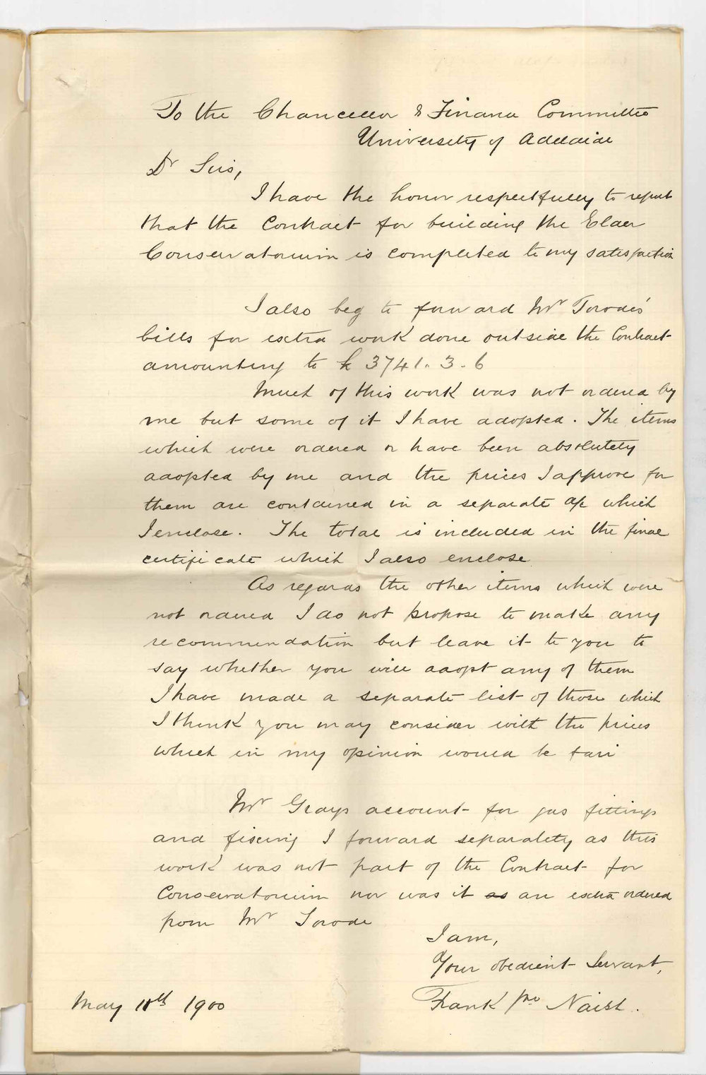 Frank J Naish - Architect - Adelaide - Concerning Torode&acirc;s account for extras - Conservatorium