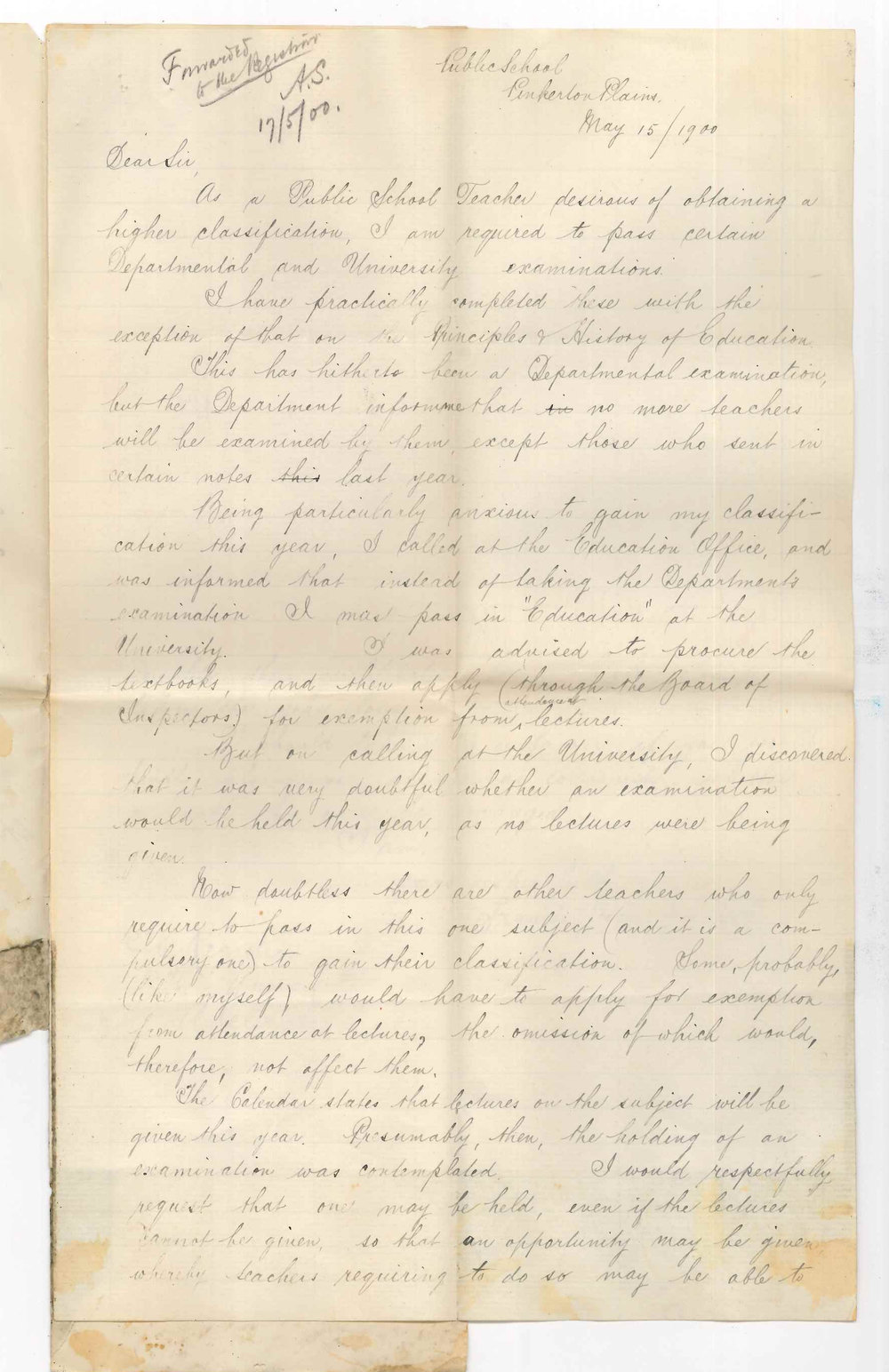 Francis John Gartrell - Pinkerton Plains - Permission to sit for examinations in Education without attending lectures