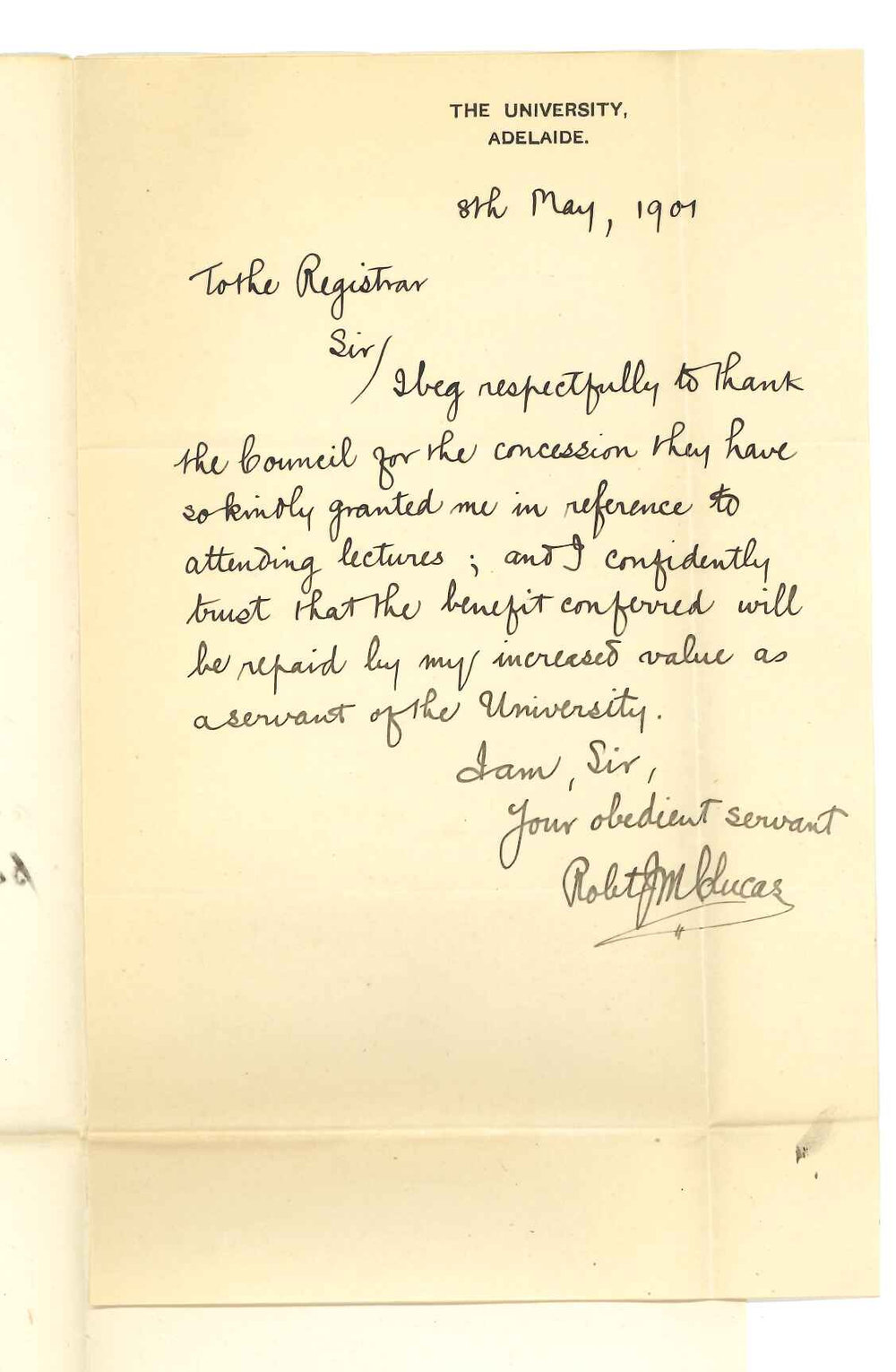 Robert John Miller Clucas - The University - Thanks permission to attend lectures without payment of fees