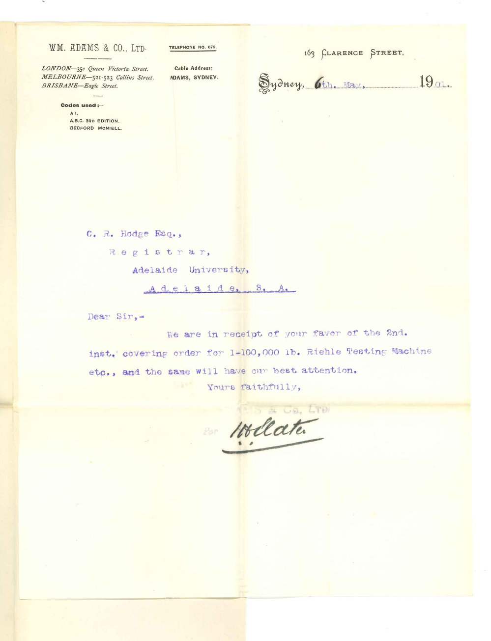 William Adams and Company Limited - Sydney - Concerning order for testing machine