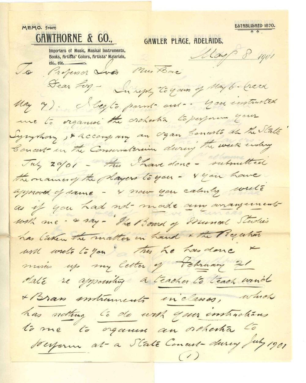 Charles Cawthorne to Professor Ives - Adelaide - Concerning Orchestra for Symphony