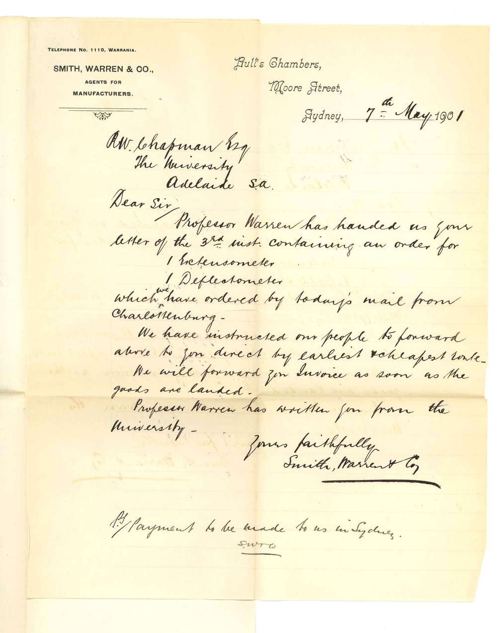 Smith and Warren and Company - Sydney - Concerning order for Extensometre and Deflectometre