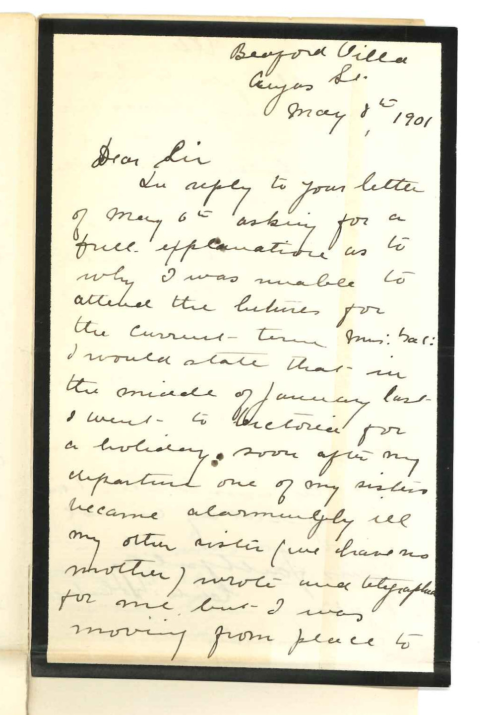 Miss Edith B Hastwell - Adelaide - Explanation of non attendance at Mus Bac Lectures during First Term