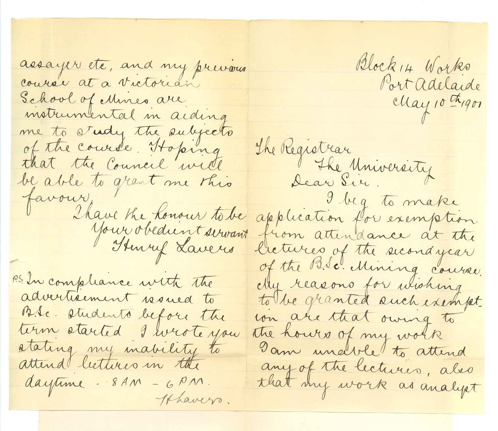 Henry Lavers - Port Adelaide - Exemption from attendance at lectures BSc Course