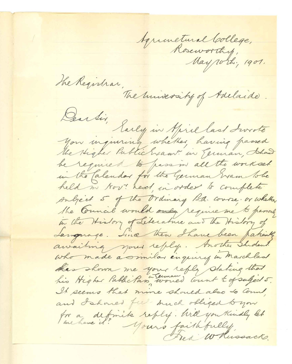 Fred W Russack - Roseworthy - Concerning subject of German in BA Course