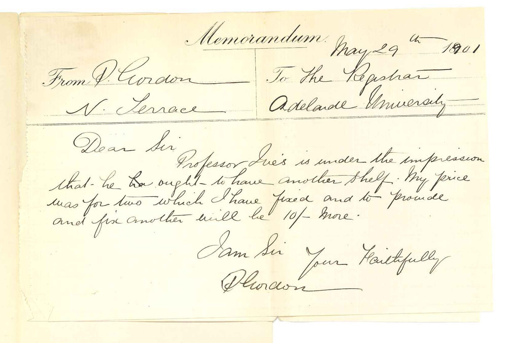 P Gordon - Adelaide - Cost of extending shelves in Professor Joshua Ives room at the Conservatorium