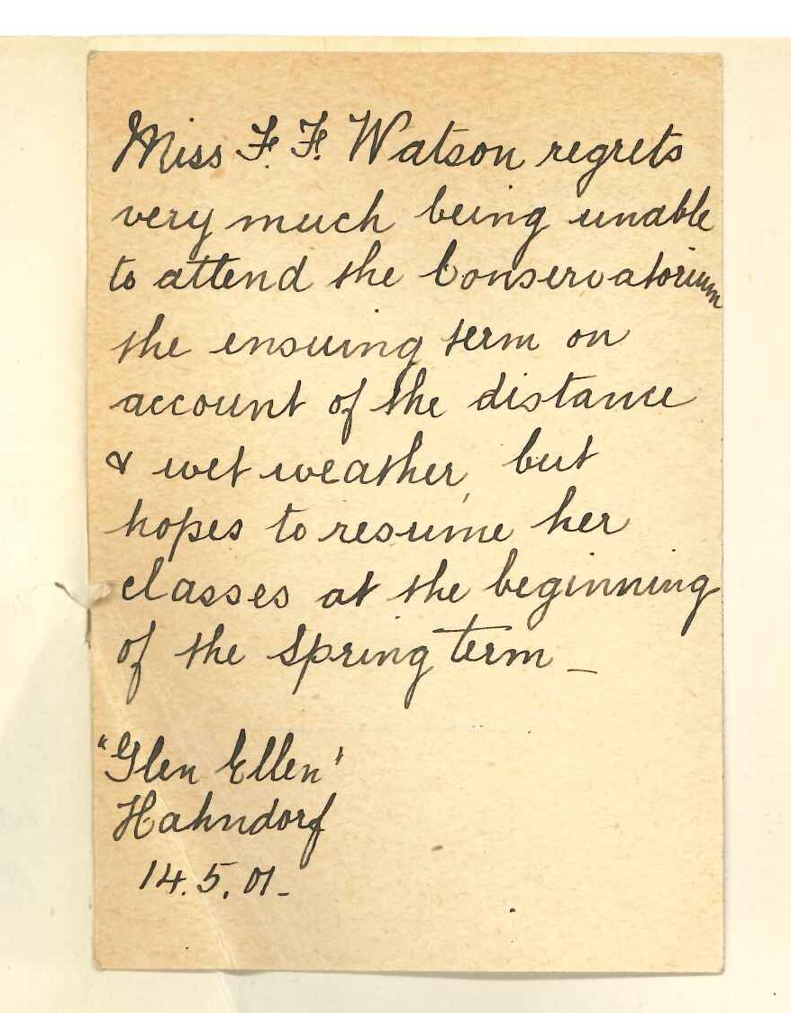 Miss F F Watson - Hahndorf - Concerning lessons at the Conservatorium