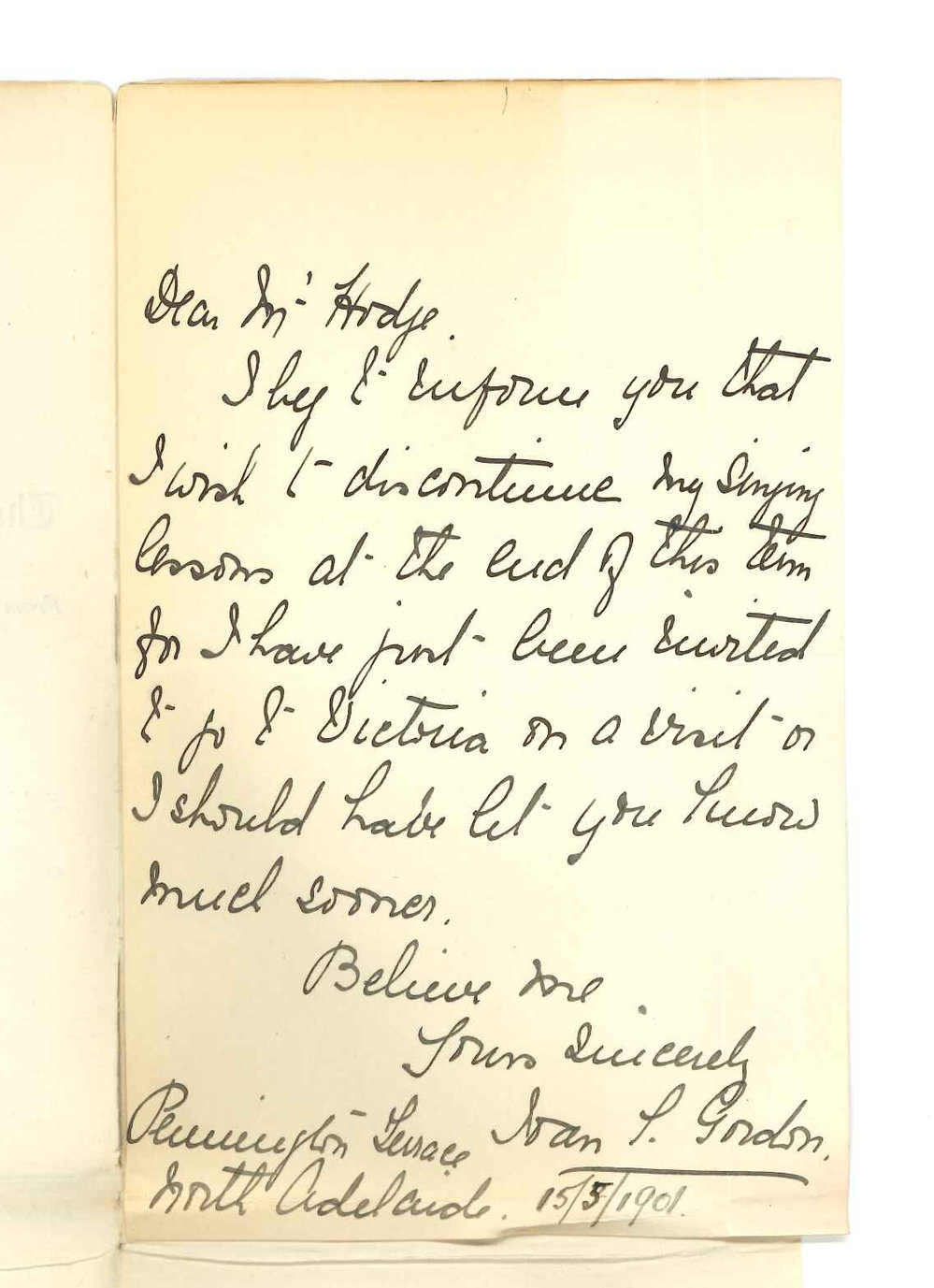 Miss J S Gordon - North Adelaide - Discontinuing lessons at the Conservatorium