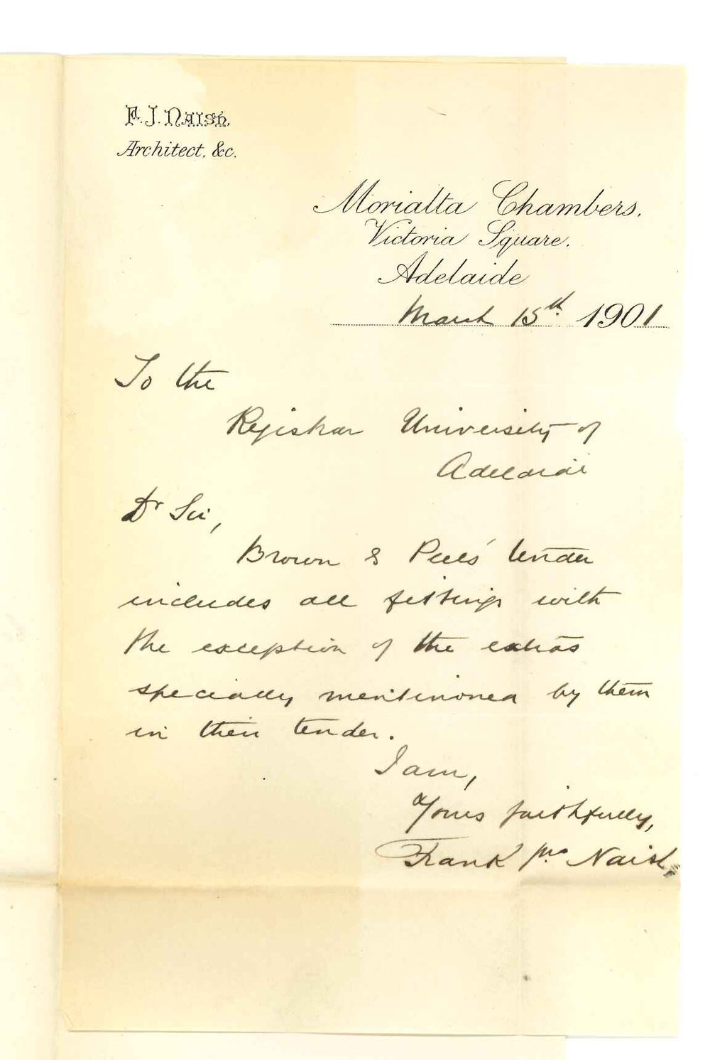 Frank John Naish - Adelaide - Concerning Brown and Peels tender and fittings additional buildings