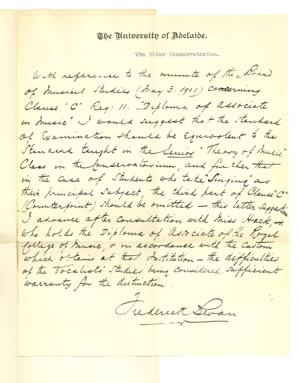 Frederick Bevan - The University - Conservatorium - Standard of Theory for Associateship