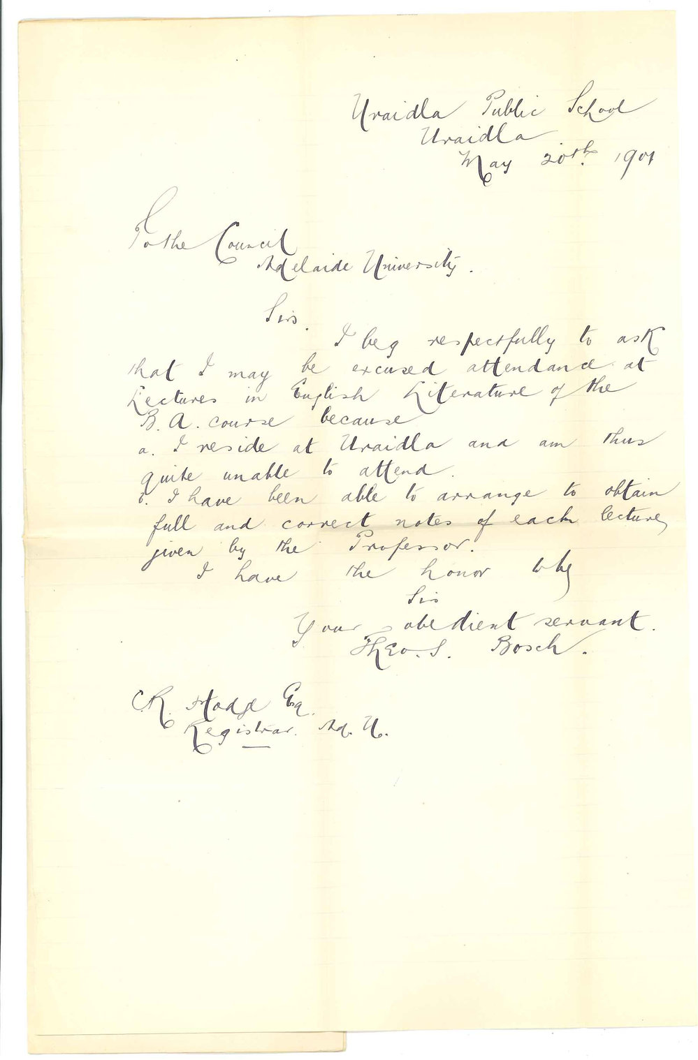 Theo S Bosch - Uraidla - Exemption from attendance at lectures