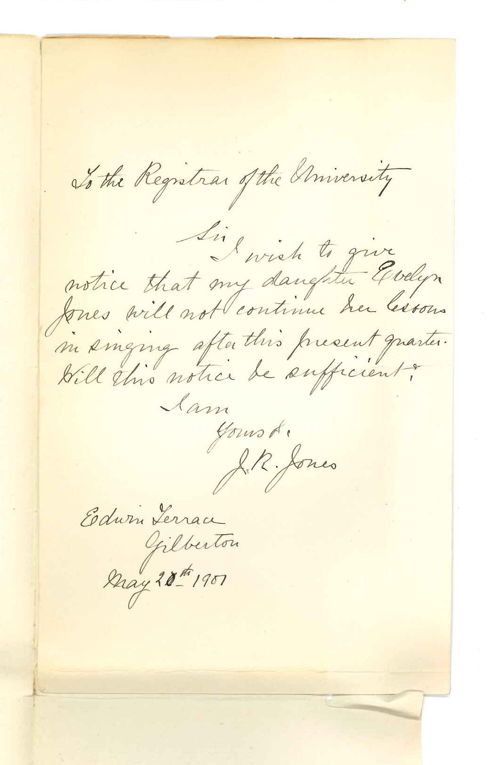 Mrs J R Jones - Gilberton - Miss Evelyn Jones will not continue lessons at the Conservatorium