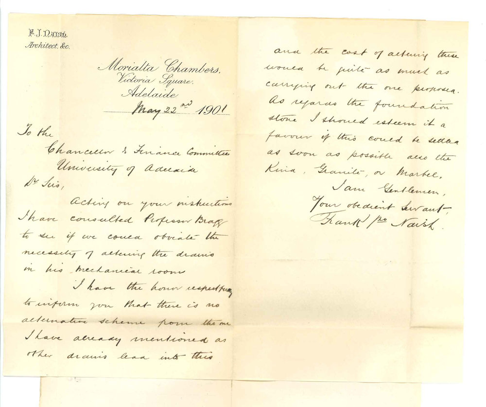 Frank John Naish - Adelaide - Concerning alterations in drains and foundation stone