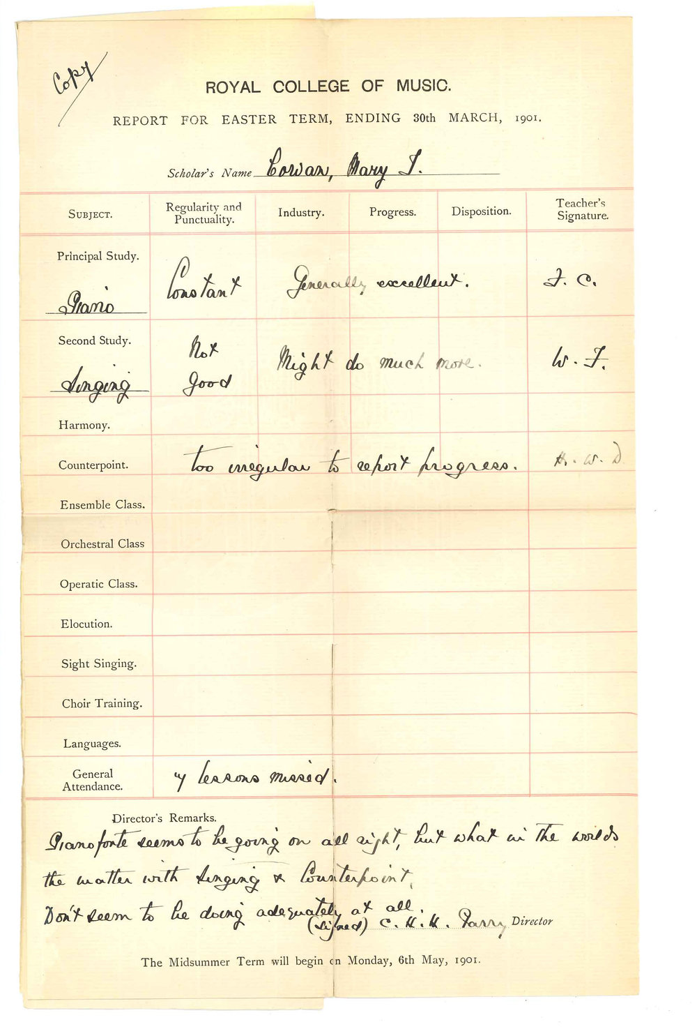 Royal College of Music - London - Progress Report for Miss Mary T Cowan