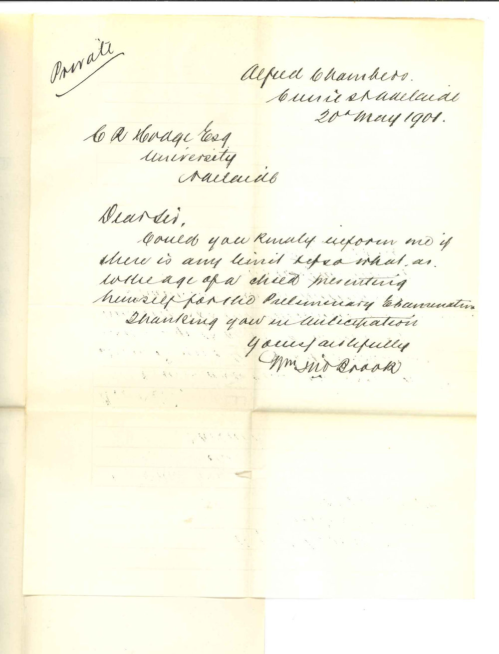 William J Brook - Adelaide - Asking if there is any age limit in Preliminary Examination