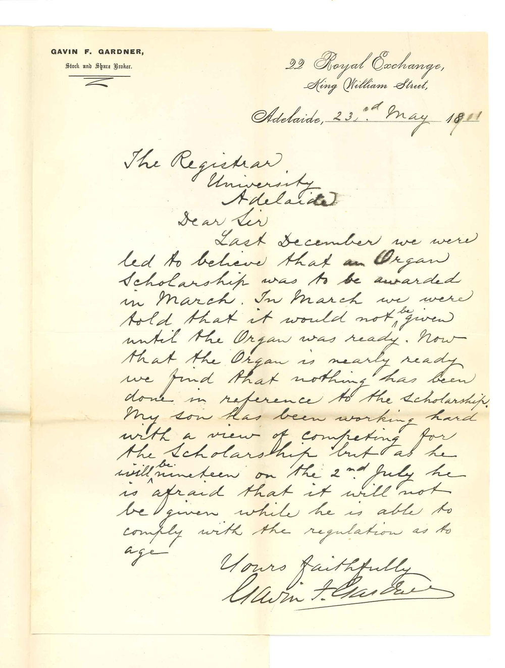 Gavin F Gardner - Adelaide - Concerning Scholarship for Organ Playing