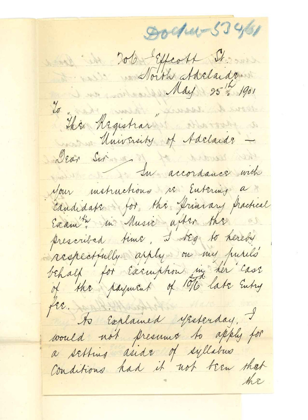Arthur H G Nash - Adelaide - Late entry of candidate for Music Examination