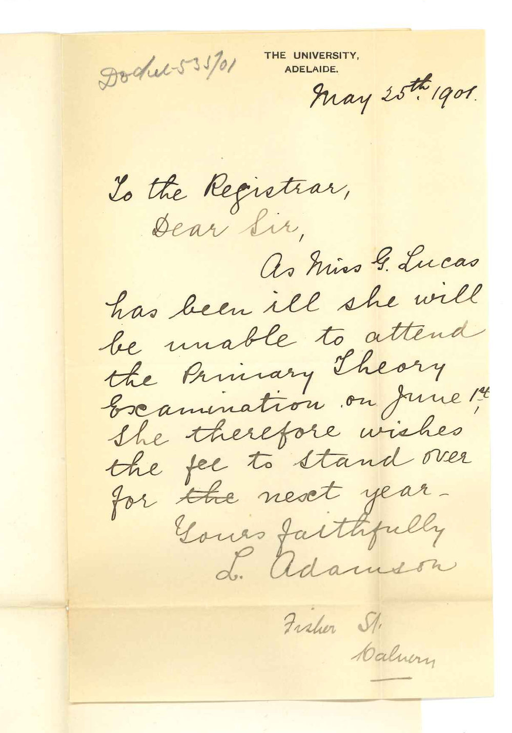 Miss L Adamson - Malvern - Withdrawing candidate Miss G Lucas from Music Examination