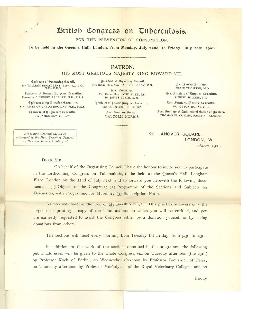 Malcolm Morris - Honorary Secretary - General British Congress on Tuberculosis London - Invitation to appoint a delegate to attend Congress