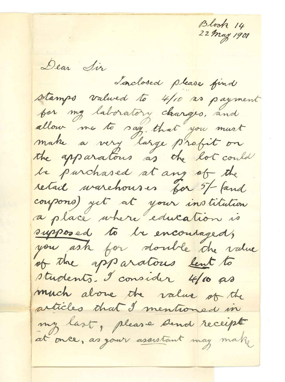 F M Bowden - Port Adelaide - Concerning accounts for apparatus in Chemical Laboratory