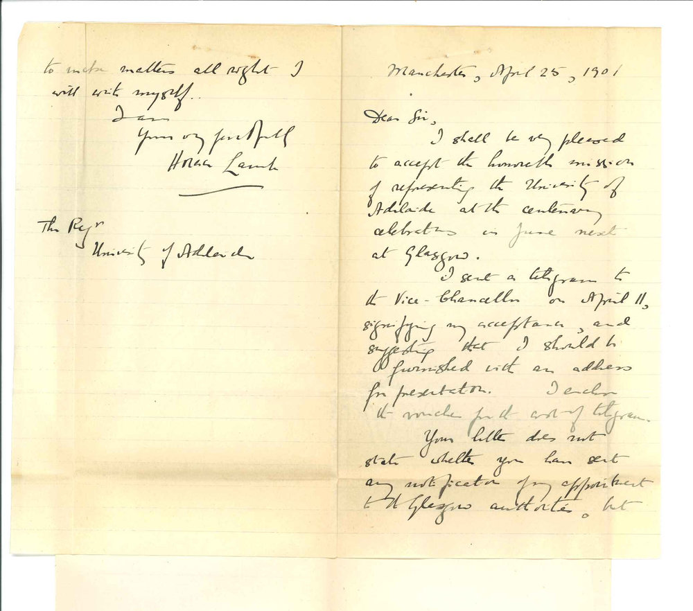 Professor Horace Lamb - Manchester - Accepting appointment as Representative at Glasgow University Celebrations