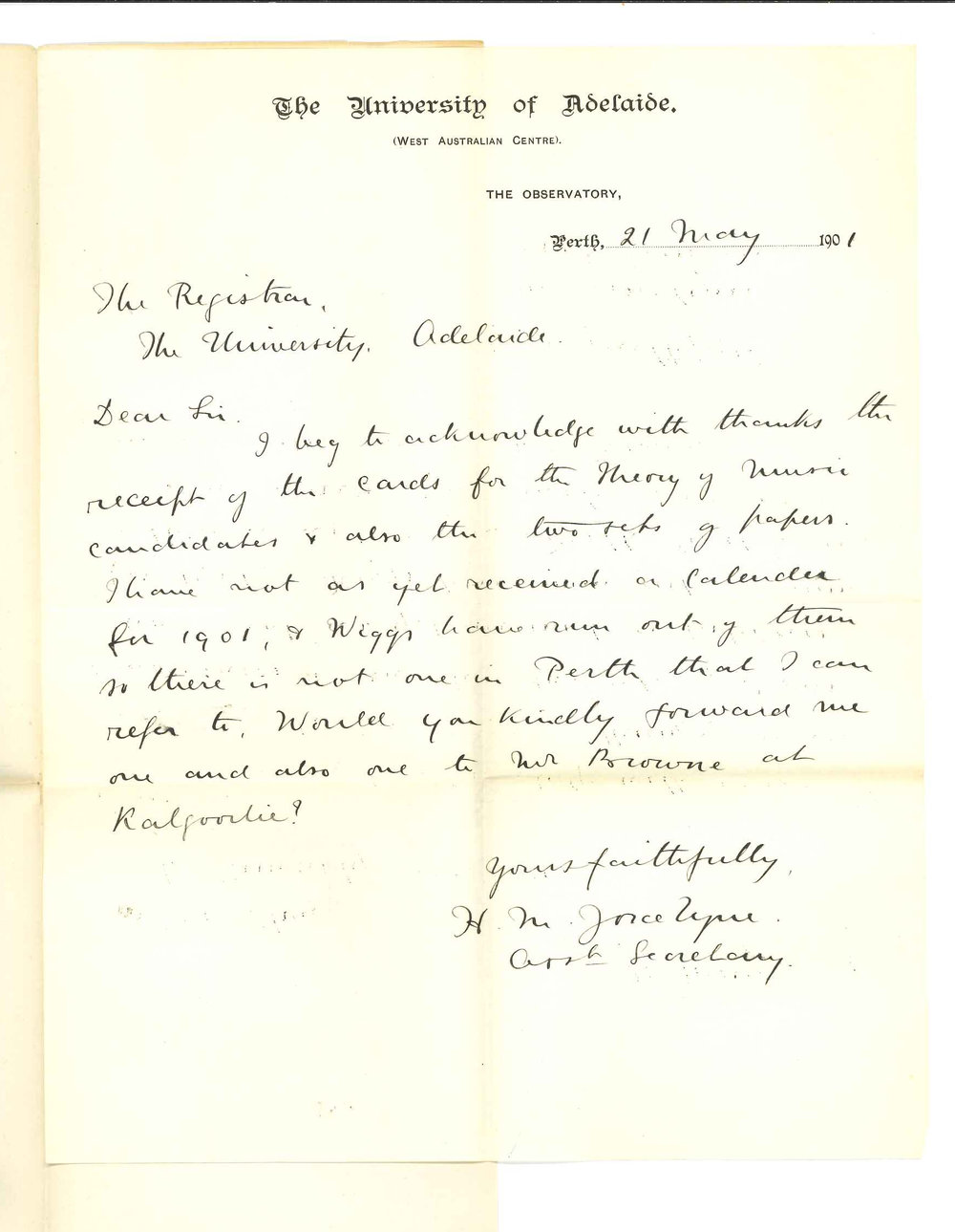 Henry Maurice Joscelyne - Perth - Acknowledging receipt of Theory of Music Cards and Exam Papers Primary - Requesting Calendars