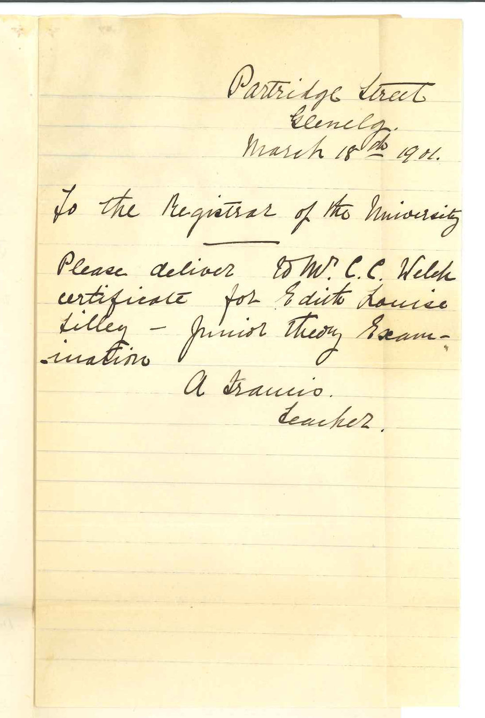 Miss A Francis - Glenelg - Requesting Junior Theory examination certificate for Edith Louise Lilley