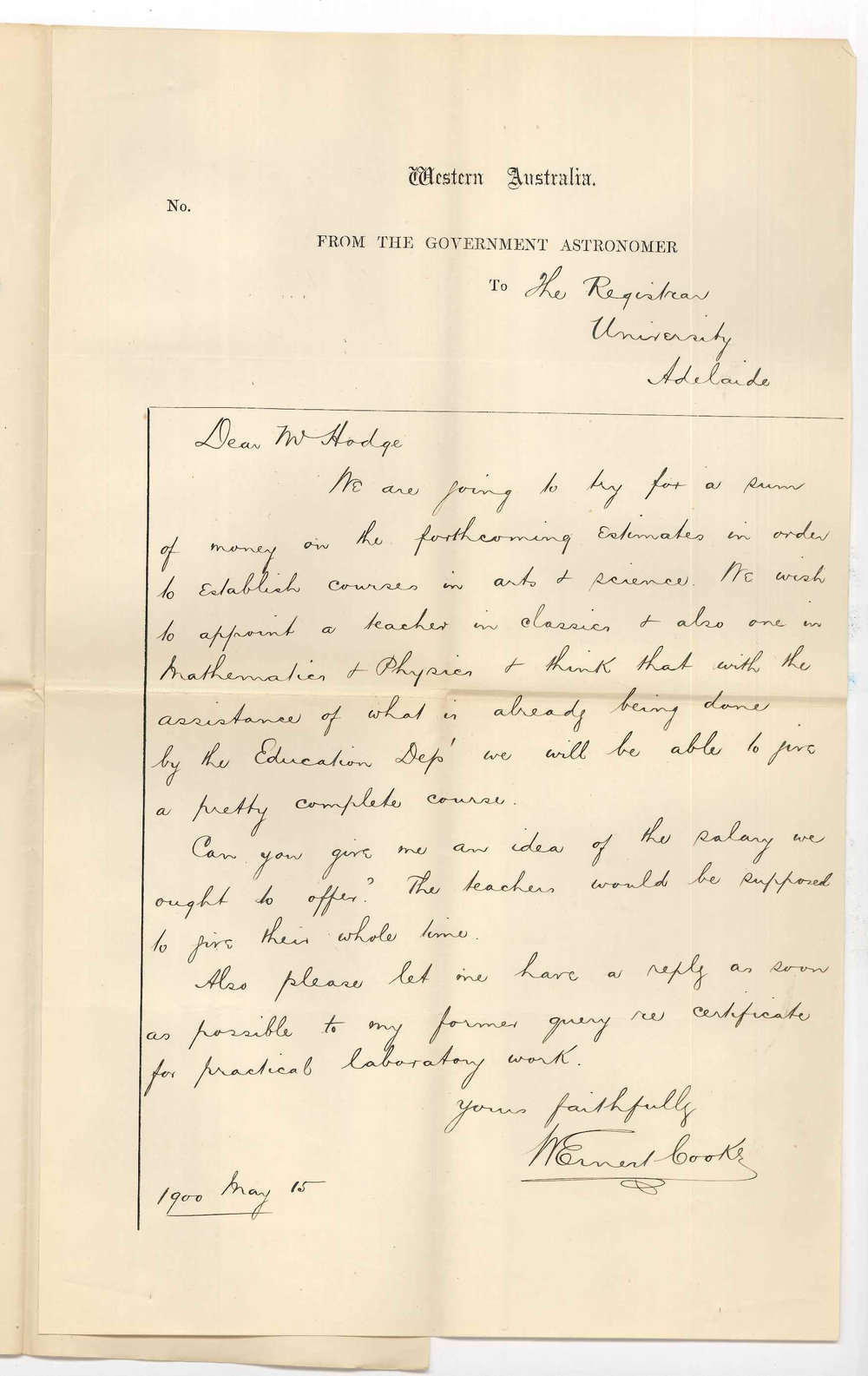 William Ernest Cooke - Government Astronomer - Perth - Regarding courses in Arts and Science in Western Australia
