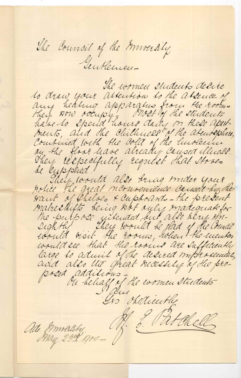 Miss Mary Emma Patchell - University - Requesting stoves and shelves and cupboards in Ladies Room