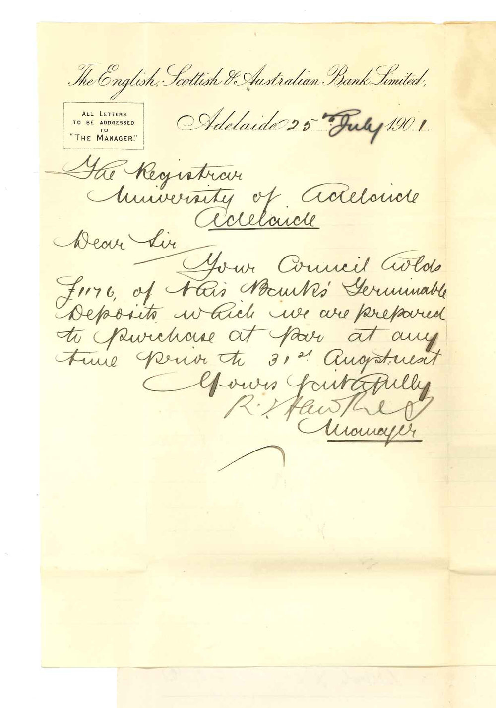 Manager - English Scottish and Australian Bank Limited - Adelaide - Offering to purchase at par their Terminable Deposits held by University