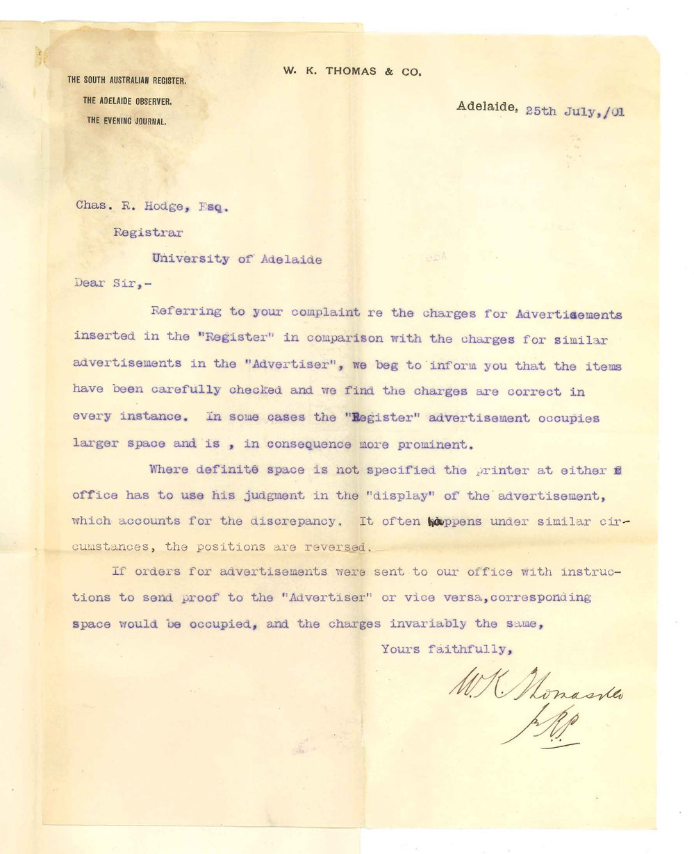 W K Thomas - The South Australian Register - The Adelaide Observer - Adelaide - Concerning University advertisements