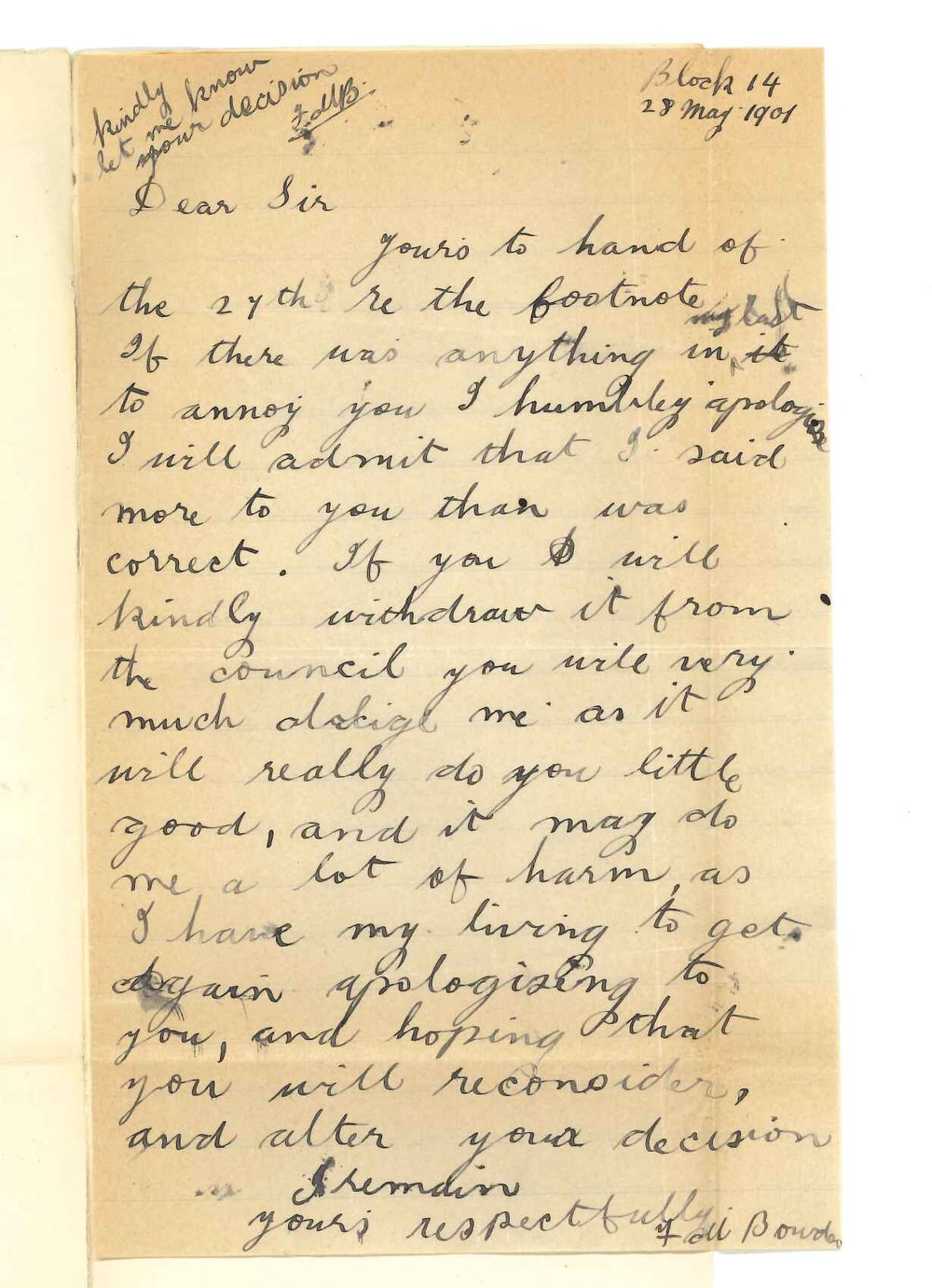 F M Bowden - Port Adelaide - Apologising for remarks made in regard to Laboratory Charges