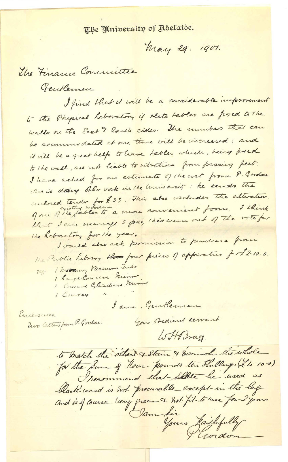 Professor William Henry Bragg - The University - Permission to have slate tables fixed in Physical Laboratory - To purchase apparatus from Public Library