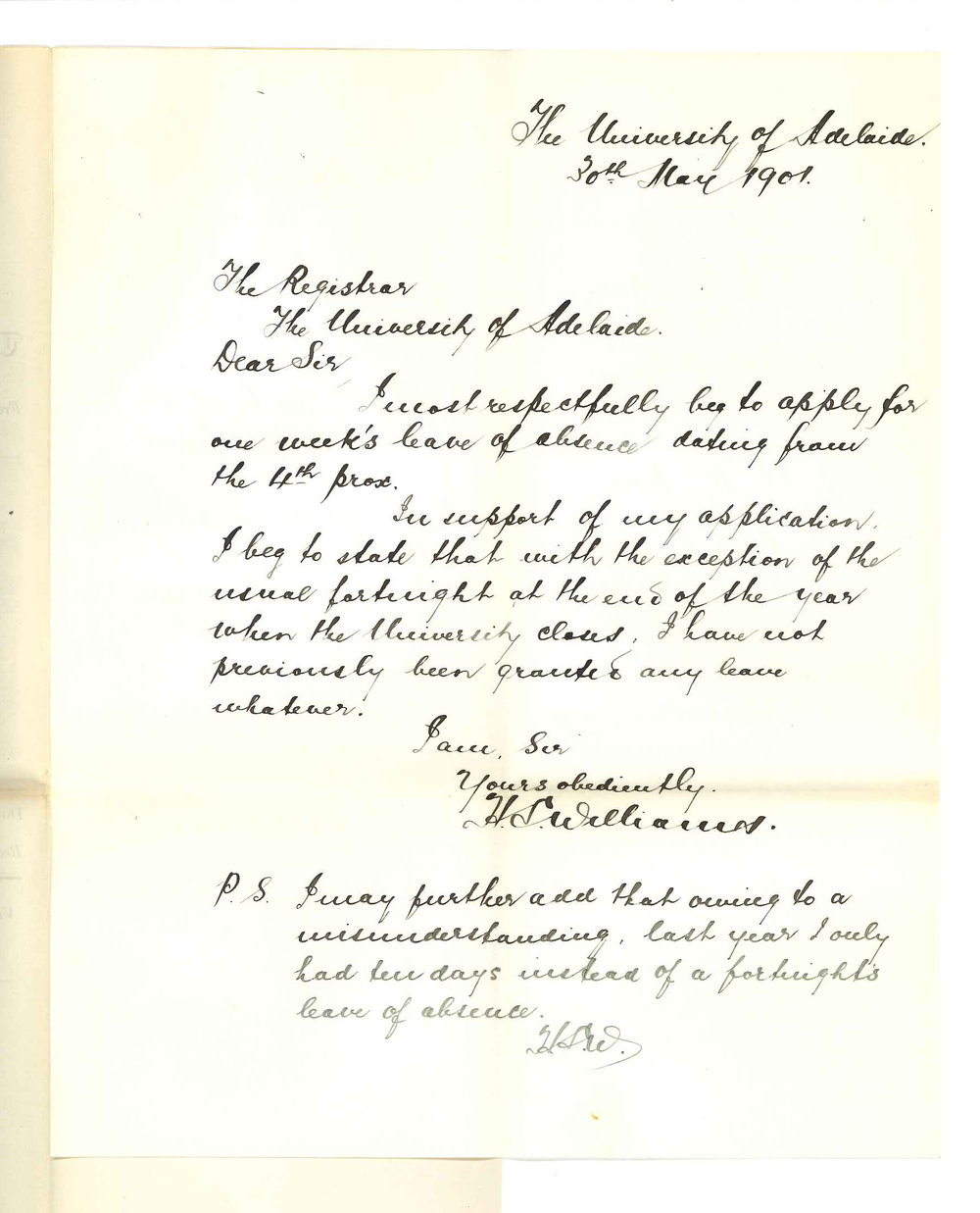 H S Williams - The University - Application for leave of absence