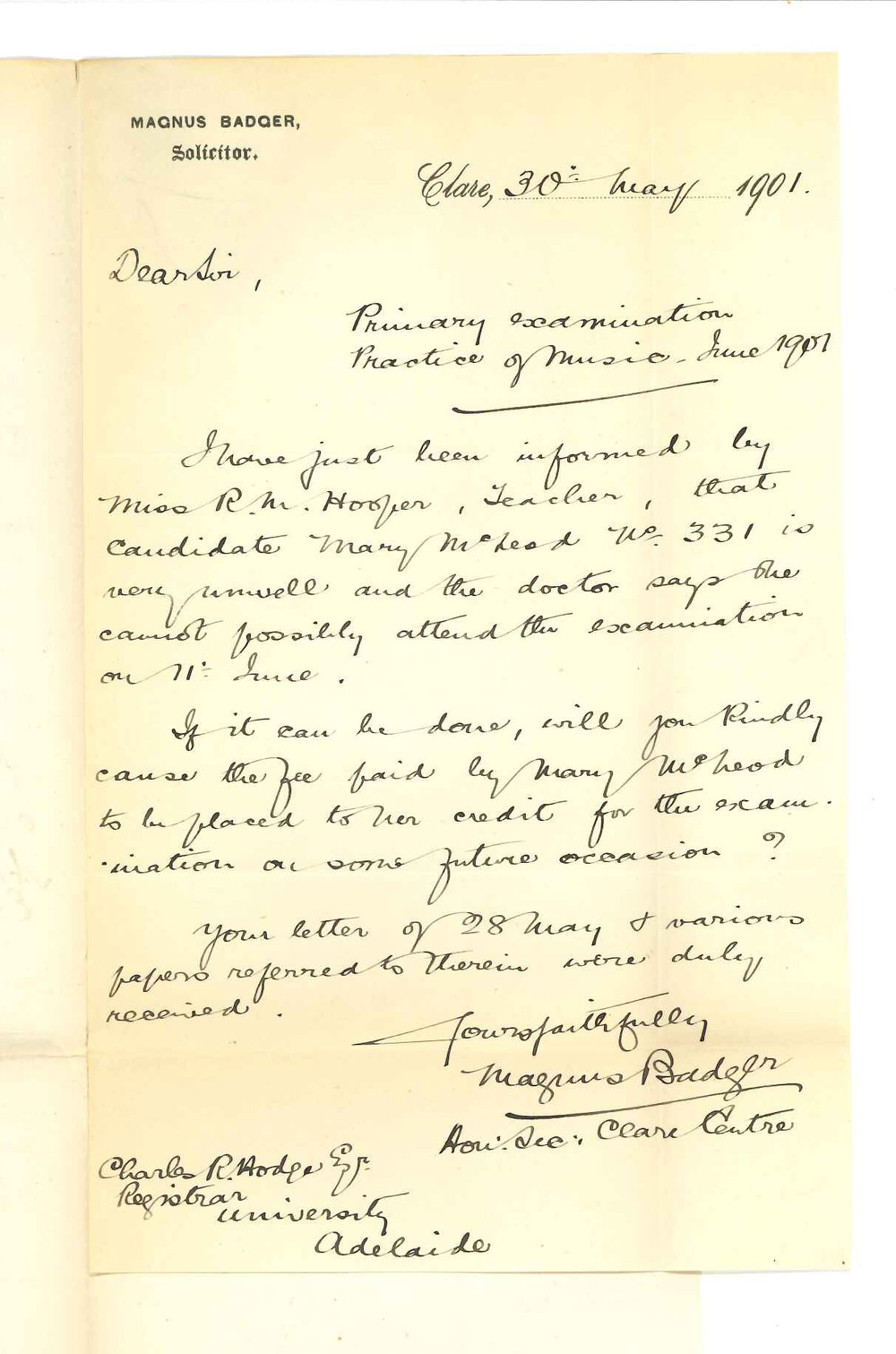 Magnus Badger - Clare - Withdrawing candidate from Primary Practice of Music Examination - Acknowledging receipt of Exam Paper etc