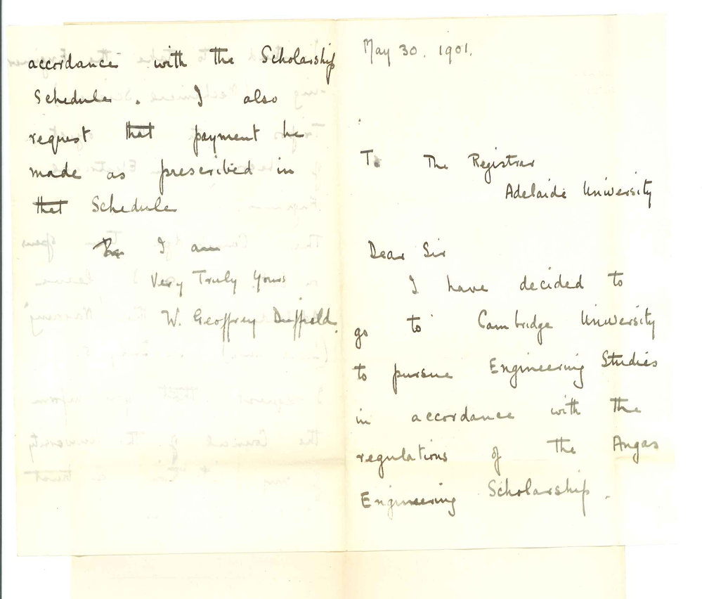W Geoffrey Duffield - Glenelg - Informing Council of intention to study at Cambridge University - Requesting payment of first instalment of Scholarship