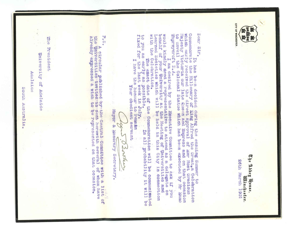 Alfred Bowker - Major of Winchester - Invitation to send representative to attend Millenary Celebrations of King Alfred the Great