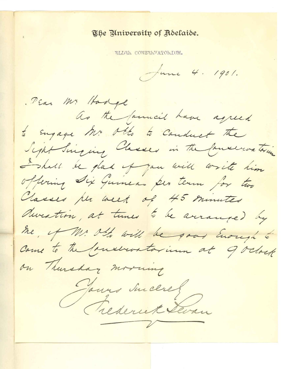 Frederick Bevan - The University - Conservatorium - Appointment of Mr A H Otto